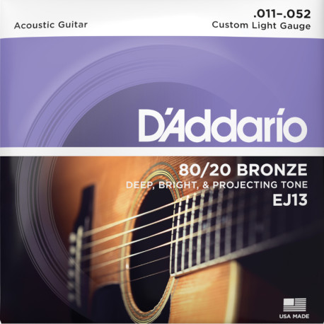 D'ADDARIO® 80/20 BRONZE ACOUSTIC GUITAR STRINGS EJ13, 011-052