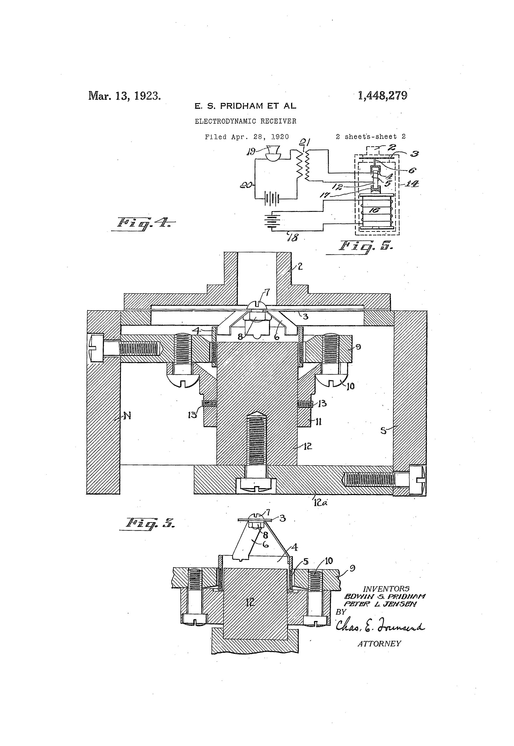 Brevet de Pridham et Jensen sur le principe de transducteur sonore electromagnétique - 1928 (les spécialistes reconnaîtront le principe du moteur de chambre de compression encore utilisé aujourd'hui)